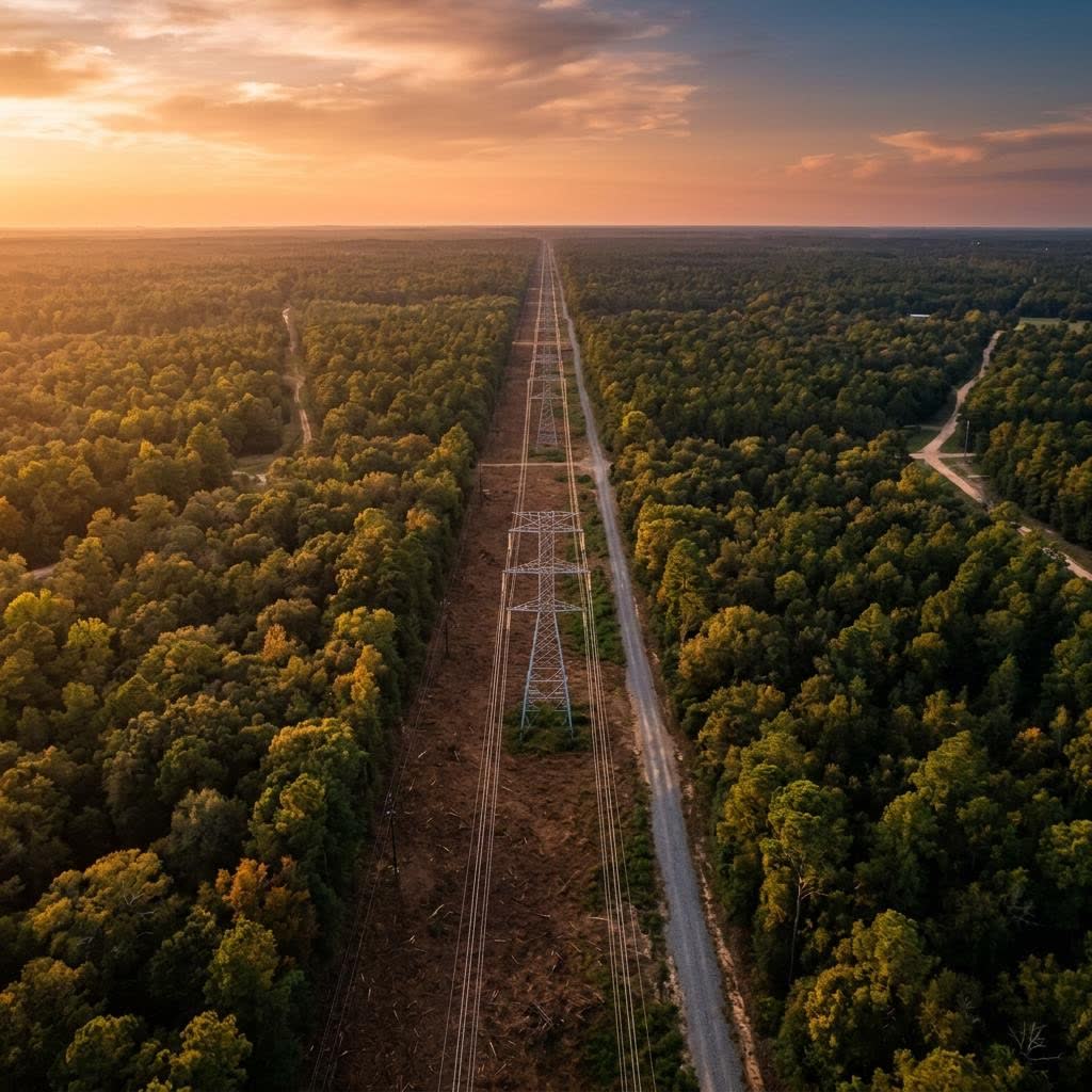 Aerial view of a cleared right-of-way corridor through forest