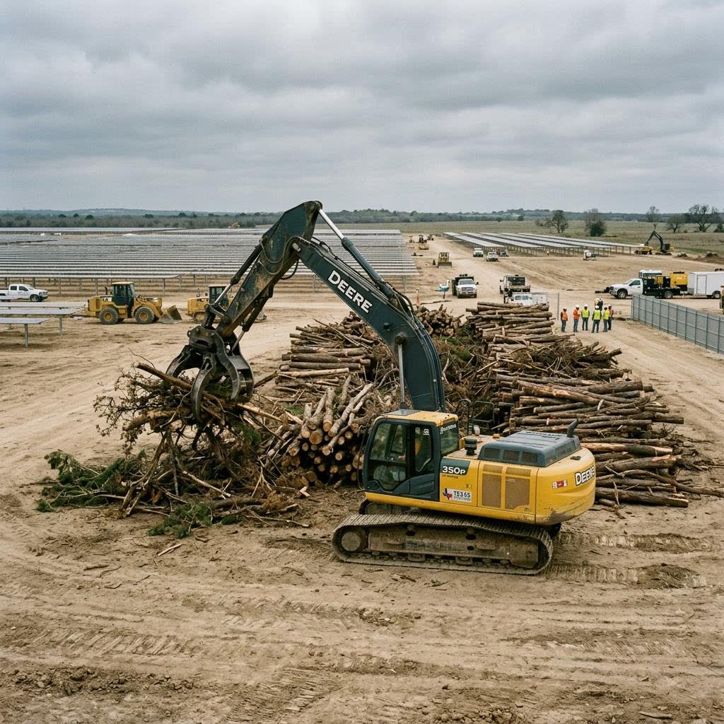 Excavator with grapple handling cleared timber during site preparation